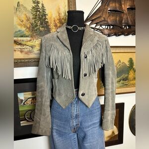 Vintage Pioneer Wear Women's Grey Suede Fringed Jacket Size XS Cropped Fit